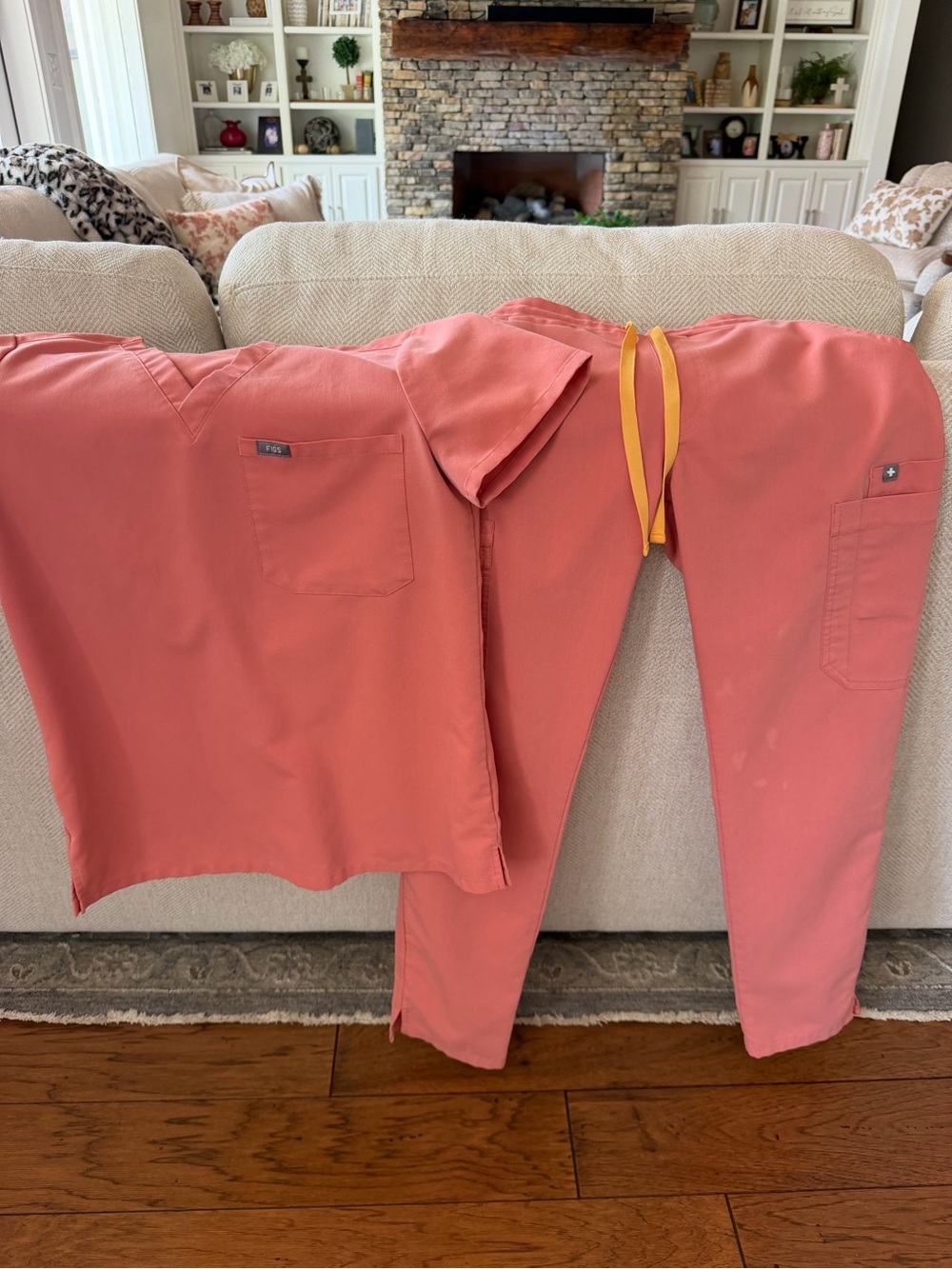 FIGS Coral Pink Scrub Top & Jogger Set with Yellow Drawstring
